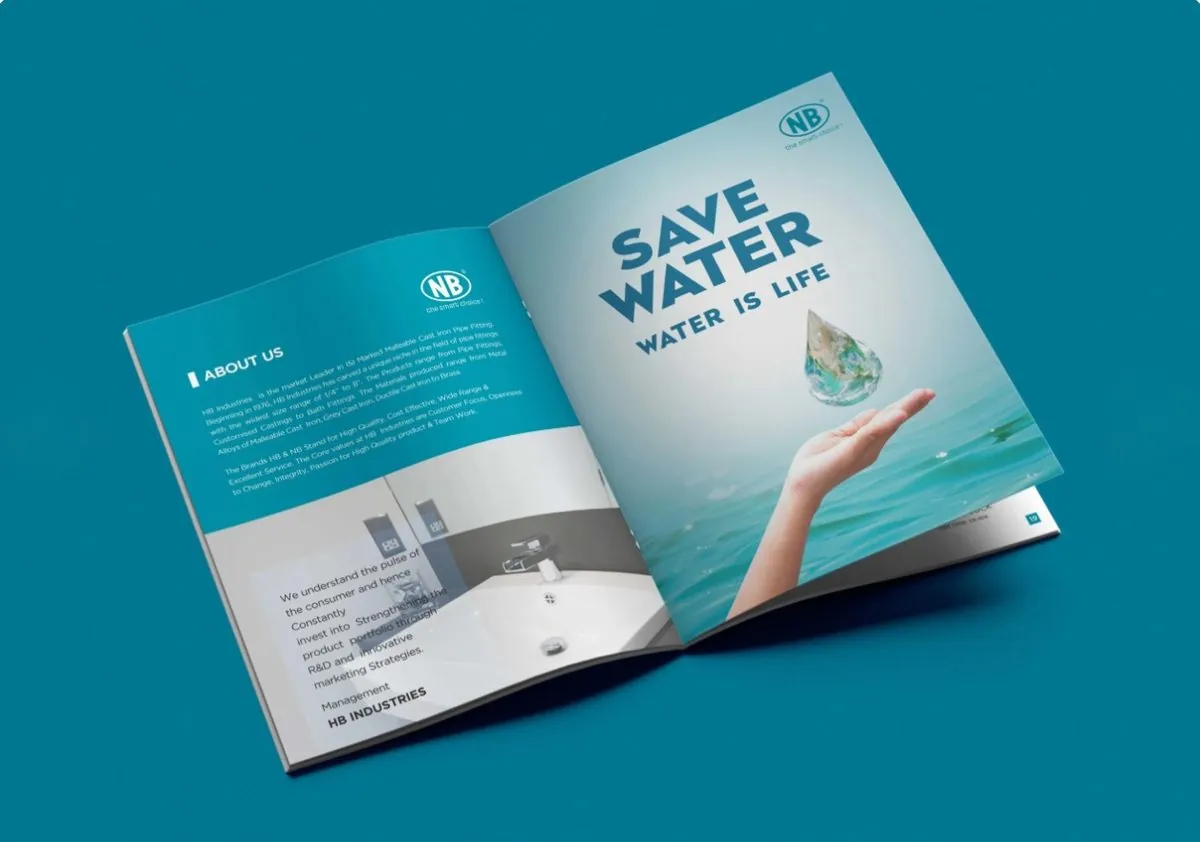 Open brochure spread with a Save Water campaign page